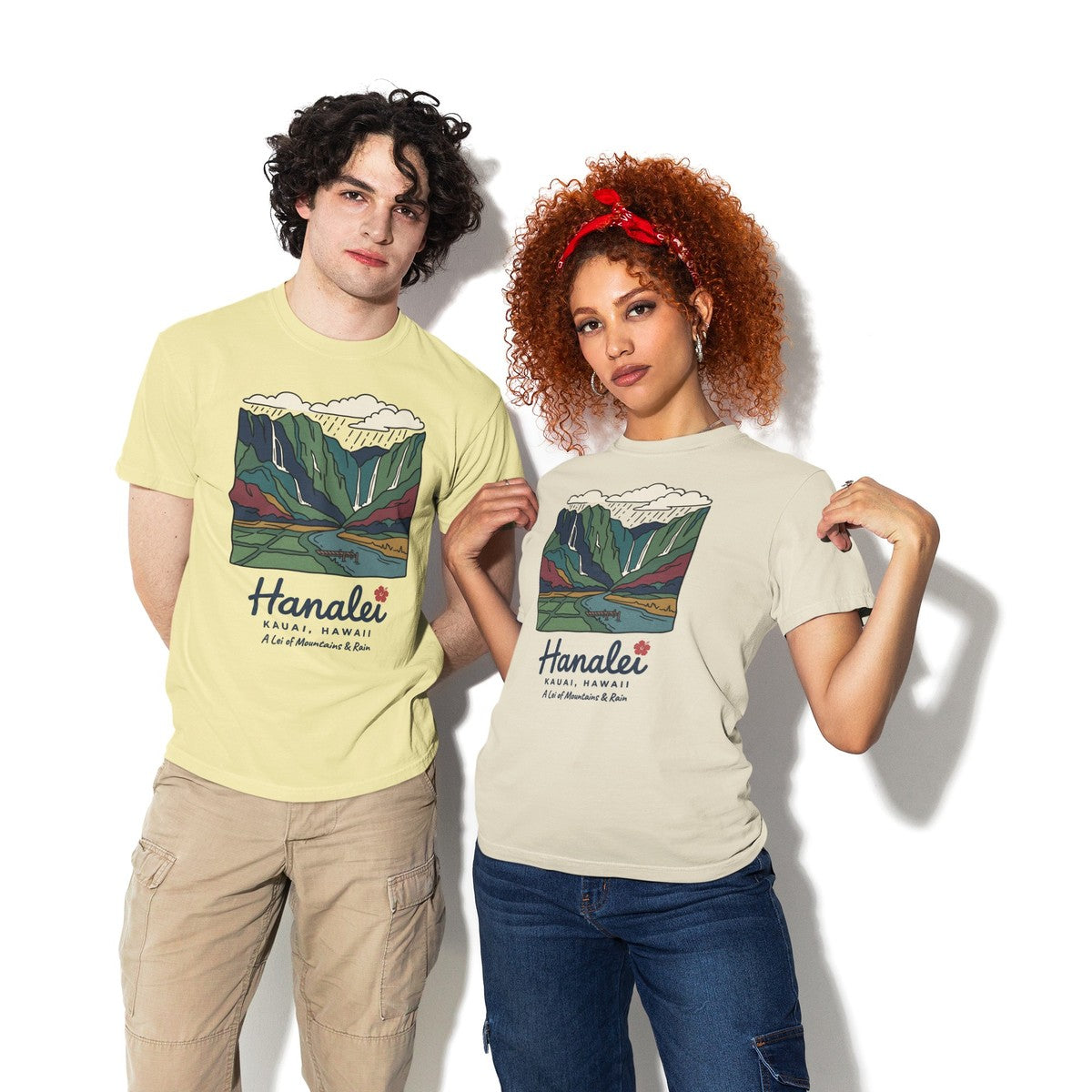 On-model lifestyle photo of the Hanalei Bay Kauai Hawaii Vintage Travel Graphic Hawaiian T-shirt