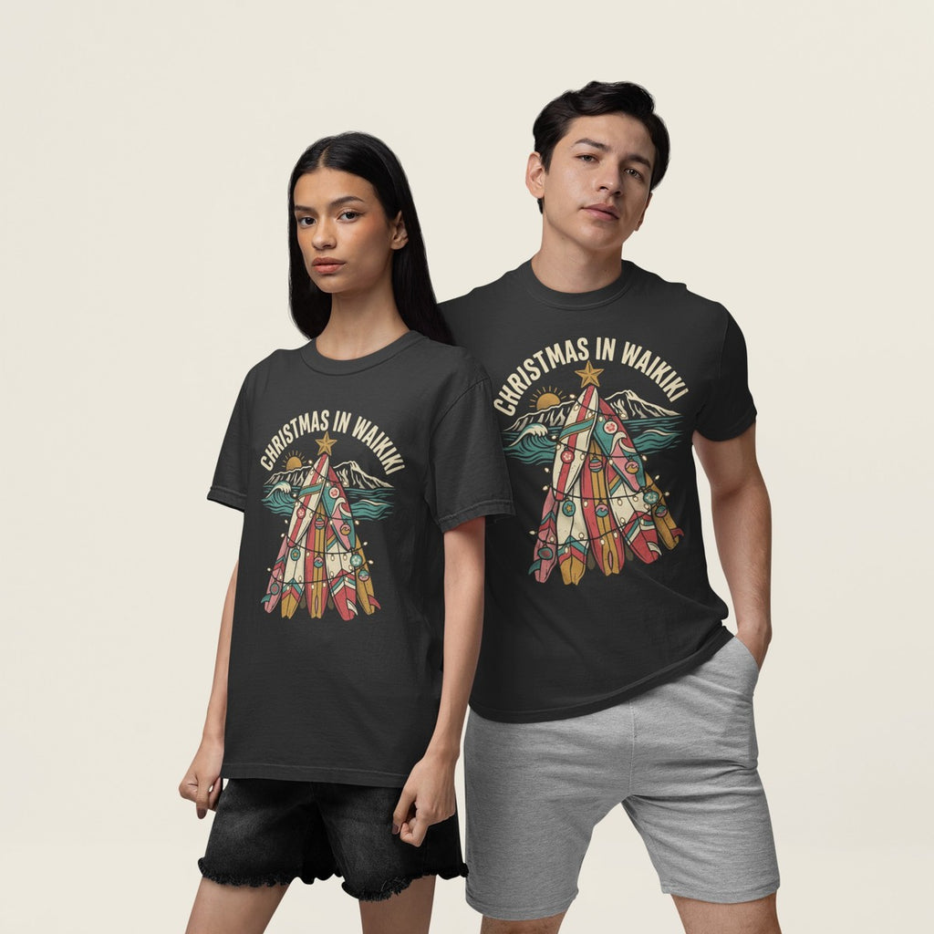 On-model lifestyle photo of the Surfboard Tree Hawaiian Christmas Hawaiian T-shirt