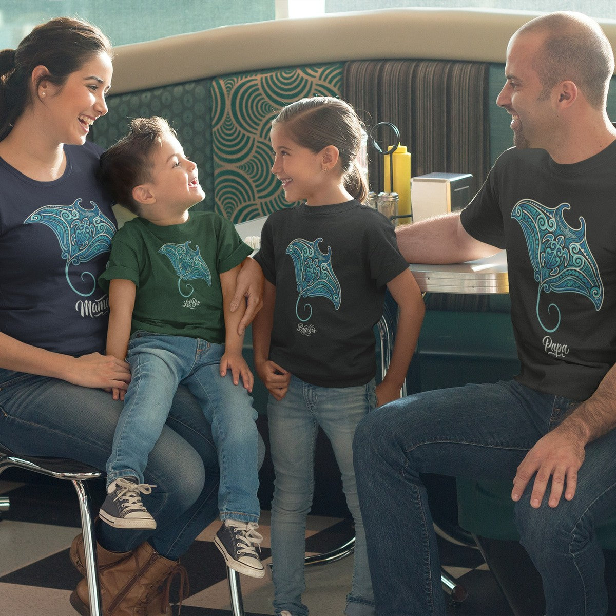 On-model lifestyle photo of the Polynesian Manta Hawaiian Matching Family Lil Bro Kids T-Shirt Hawaiian T-shirt