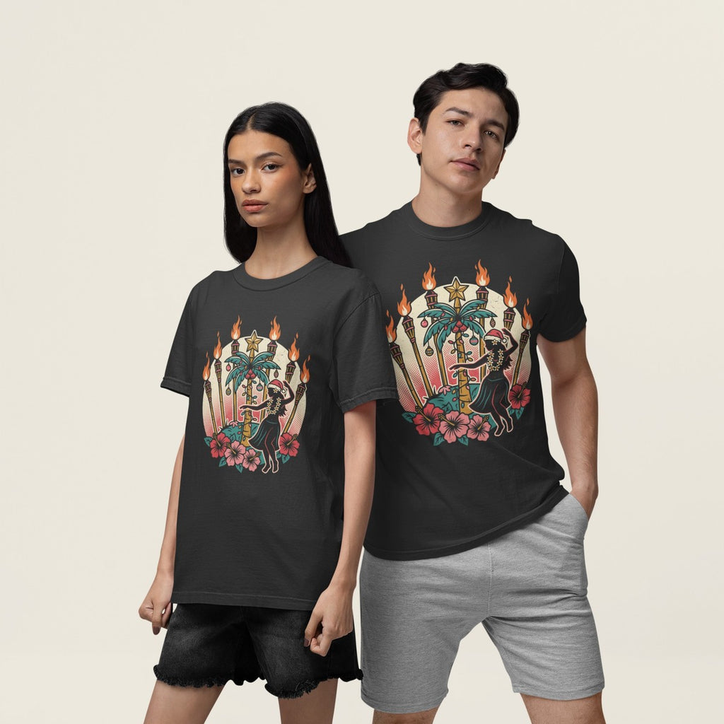 On-model lifestyle photo of the Tiki Hula Hawaiian Christmas Hawaiian T-shirt