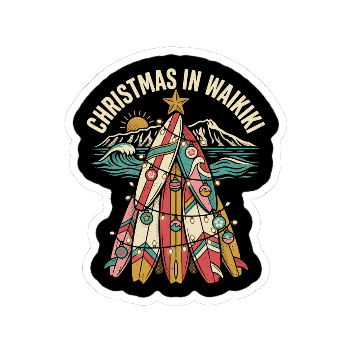 Surfboard Tree Hawaiian Christmas Sticker