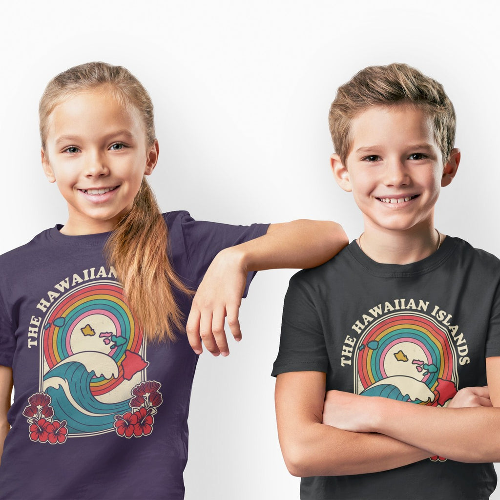 On-model lifestyle photo of the The Hawaiian Islands Retro Travel Poster Kids Hawaiian T-shirt