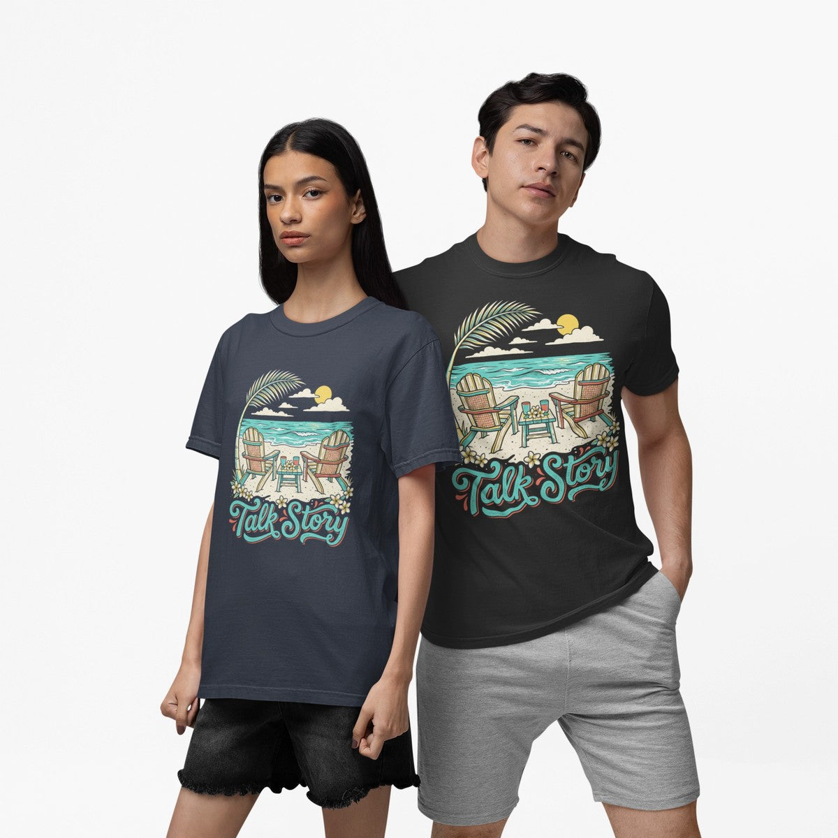 On-model lifestyle photo of the Talk Story Hawaii Beach Chairs Retro Graphic Hawaiian T-shirt