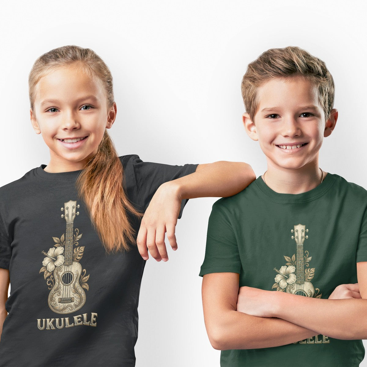 On-model lifestyle photo of the Vintage Ukulele Hawaiian Hibiscus Music Graphic Kids Hawaiian T-shirt