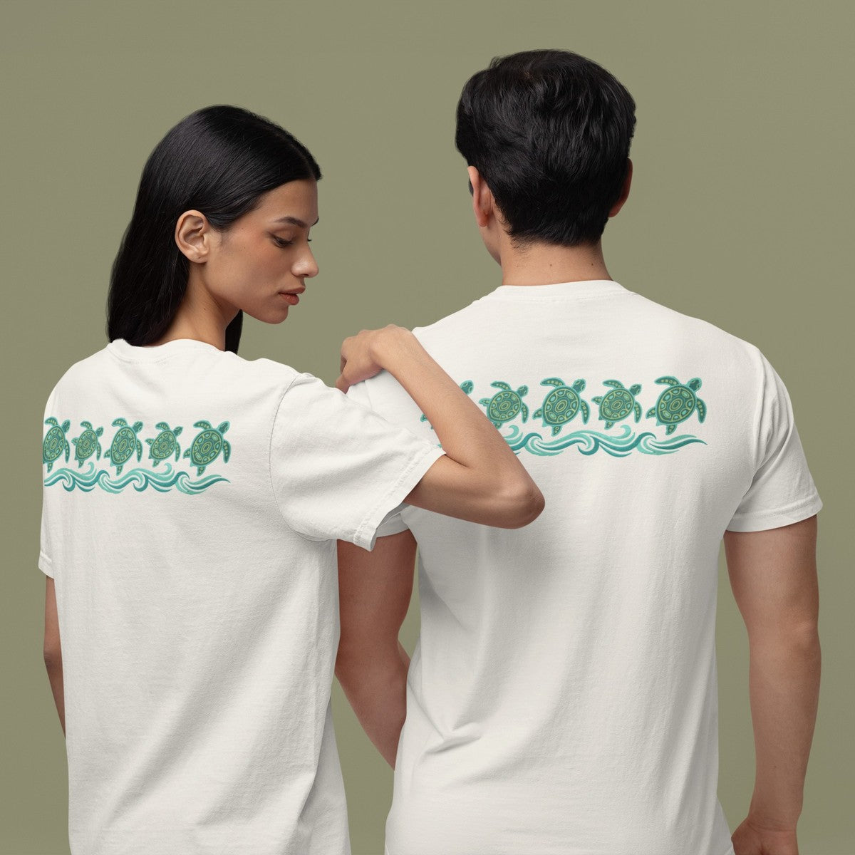 On-model lifestyle photo of the Sea Turtle Ocean Waves Hawaiian T-shirt