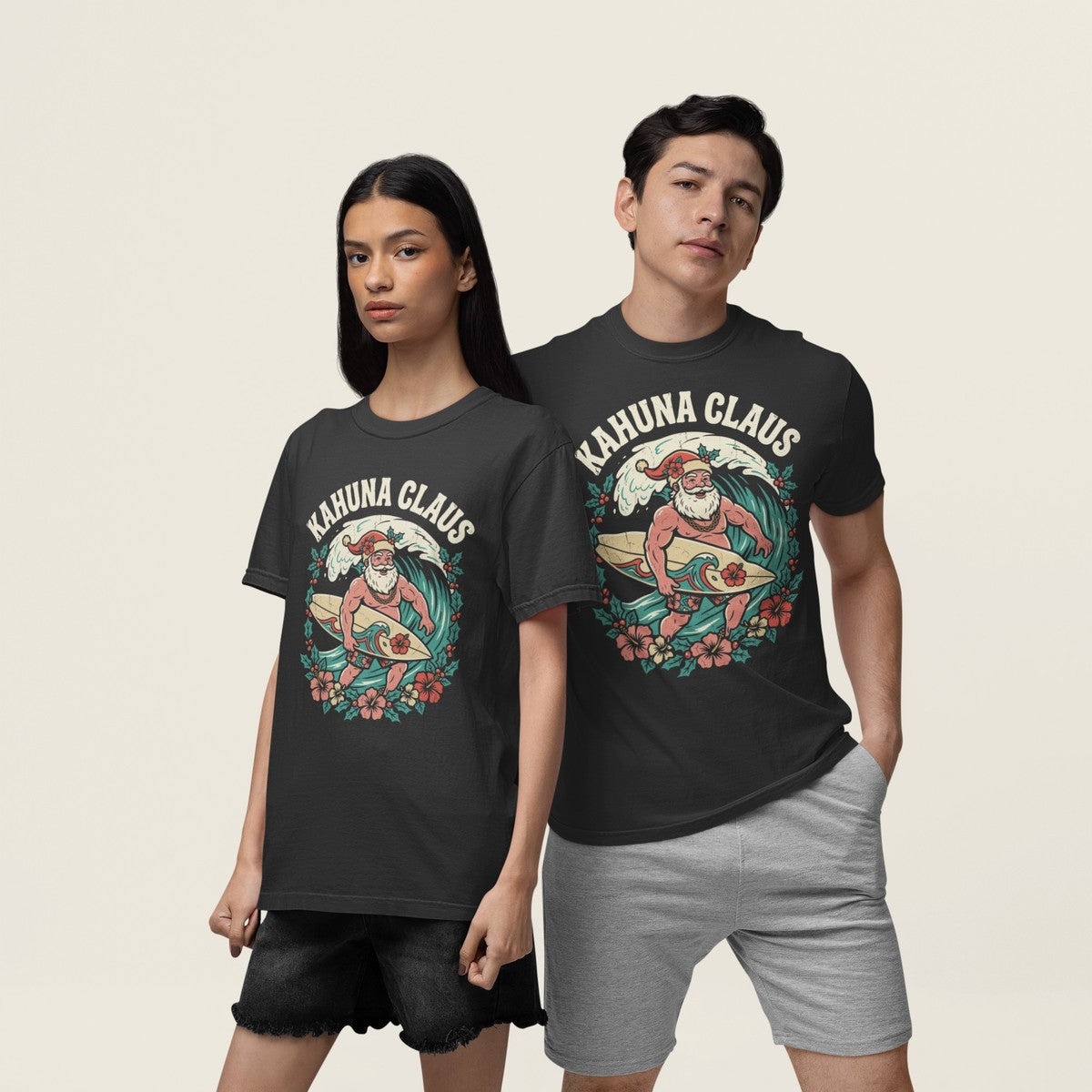 On-model lifestyle photo of the Kahuna Claus Hawaiian Christmas Hawaiian T-shirt