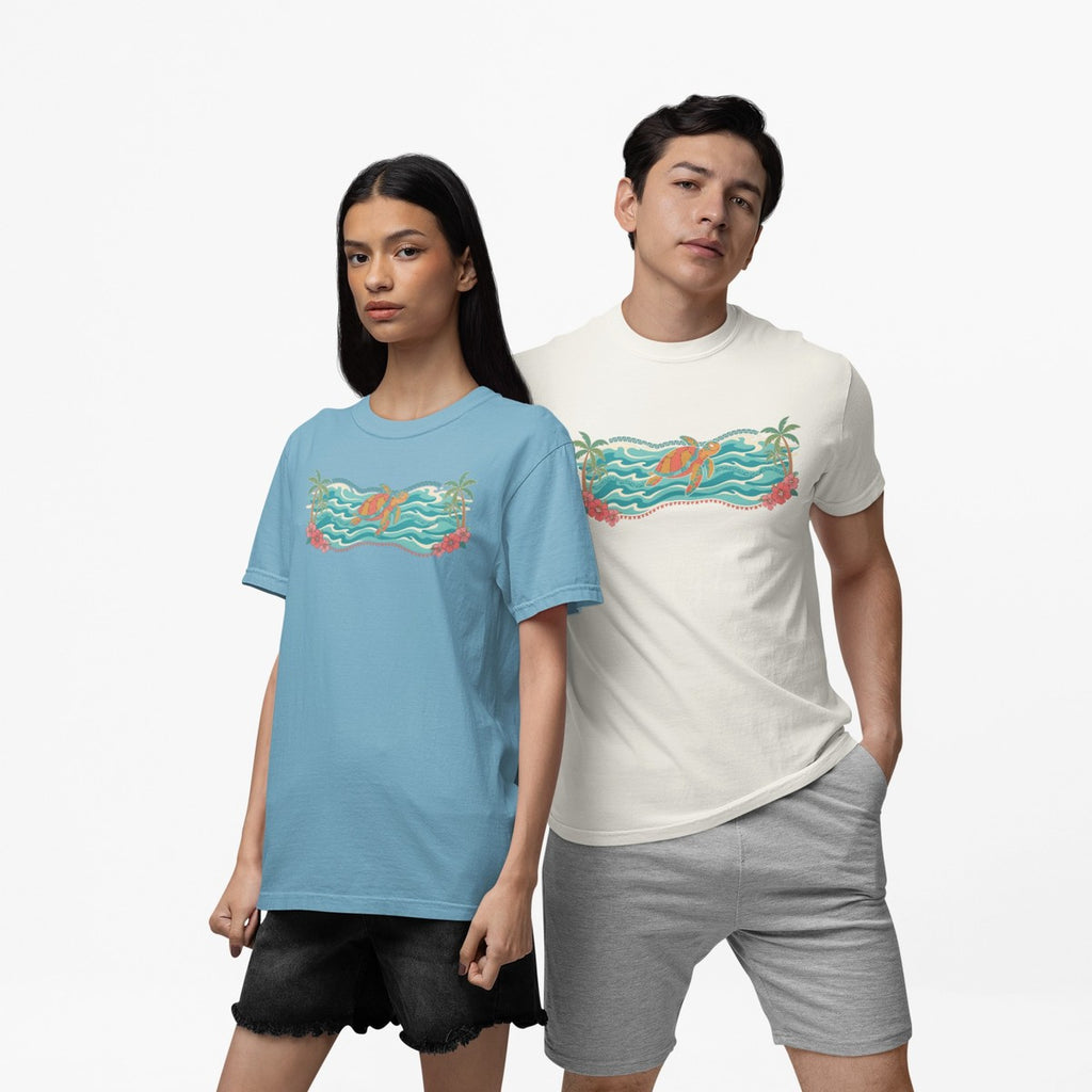 On-model lifestyle photo of the Hawaii Sea Turtle Island Paradise Tropical Scene Hawaiian T-shirt