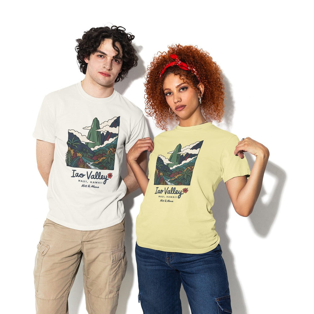 On-model lifestyle photo of the Iao Valley Maui Hawaii Vintage Travel Graphic Hawaiian T-shirt