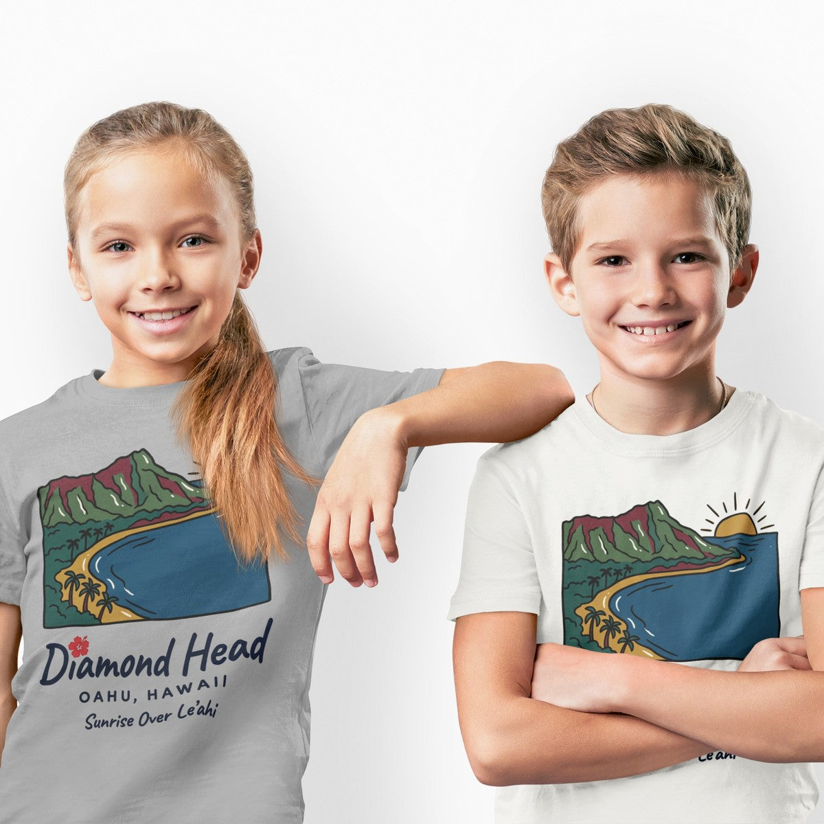 On-model lifestyle photo of the Diamond Head Oahu Hawaii Vintage Travel Graphic Kids Hawaiian T-shirt