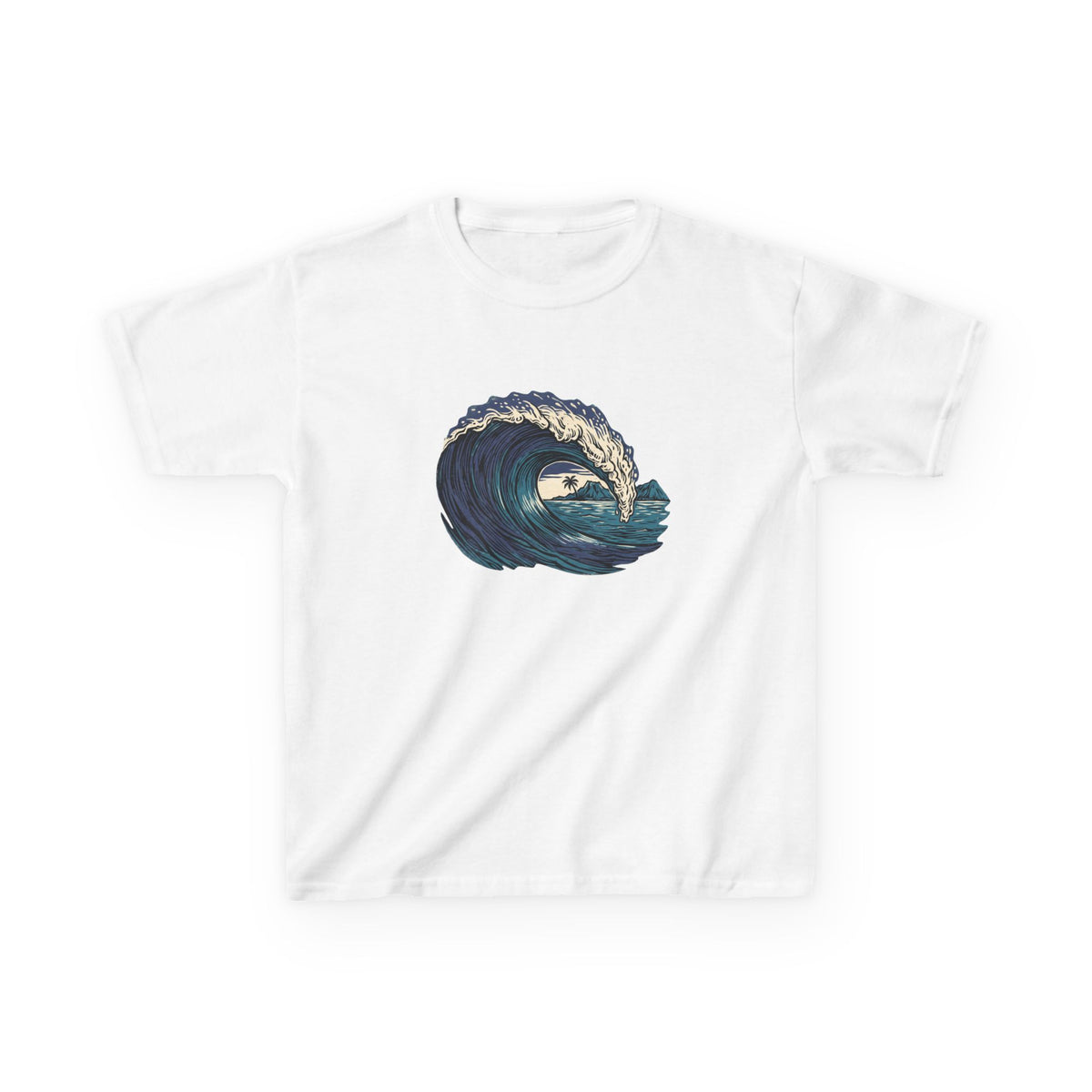 Vintage Woodcut Wave Hawaii Surf Graphic Kids T-Shirt