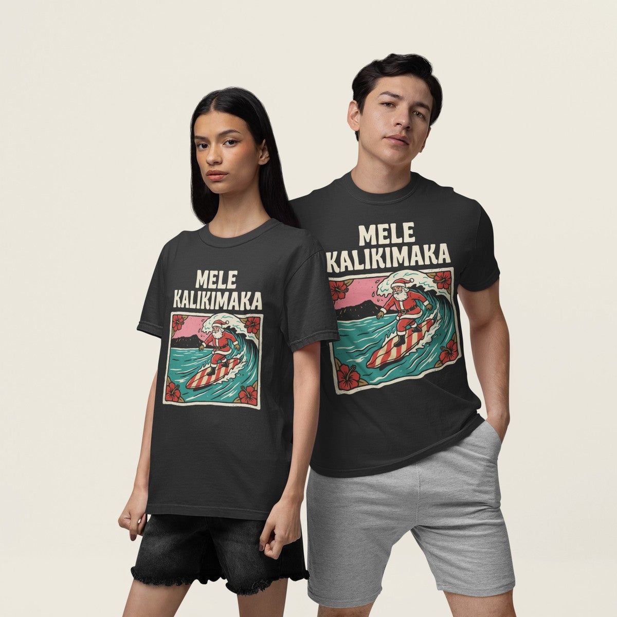 On-model lifestyle photo of the Mele Surf Hawaiian Christmas Hawaiian T-shirt