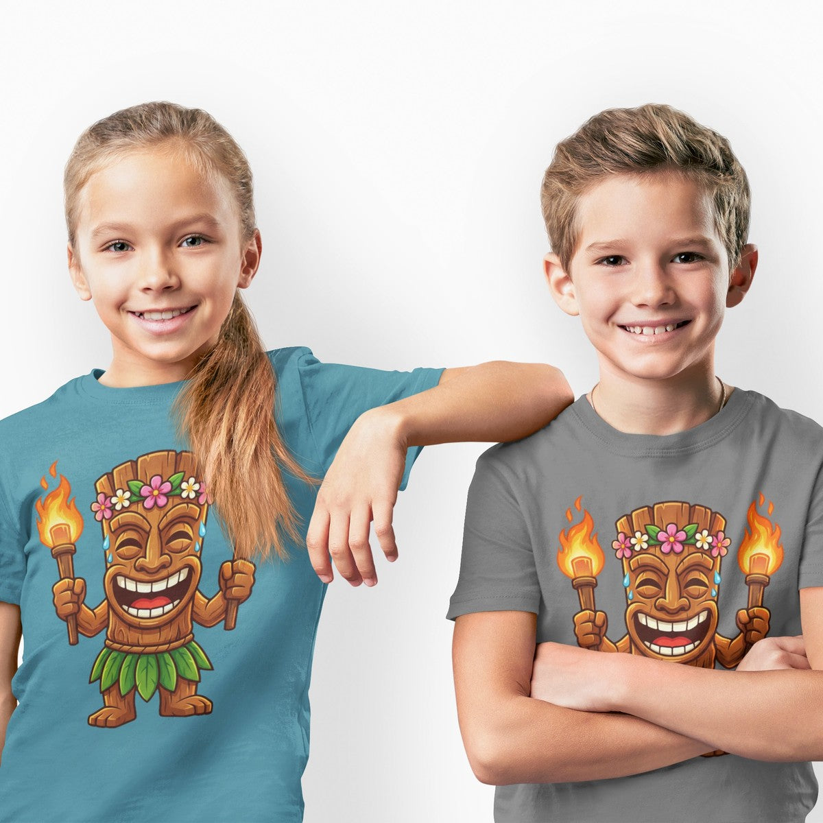 On-model lifestyle photo of the Tiki Warrior Hawaiian Luau Tropical Cartoon Graphic Kids Hawaiian T-shirt