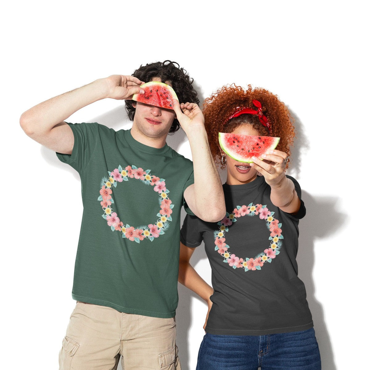 On-model lifestyle photo of the Hawaiian Flower Lei Wreath Hibiscus Plumeria Hawaiian T-shirt