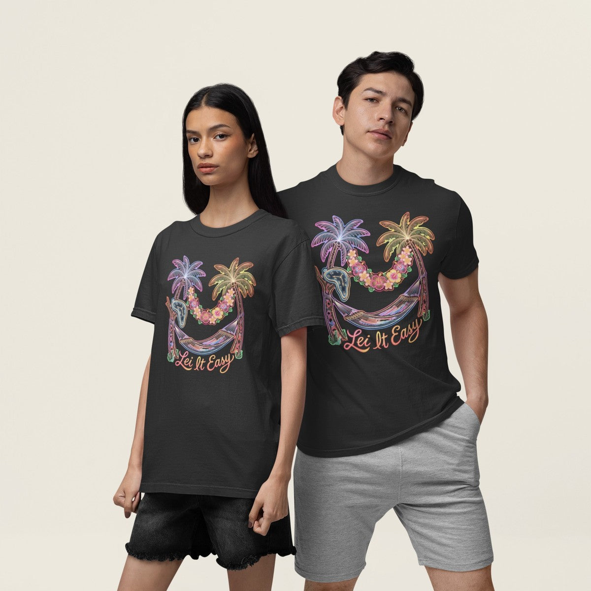 On-model lifestyle photo of the Lei It Easy Hawaii Hammock Beach Vibes Hawaiian T-shirt