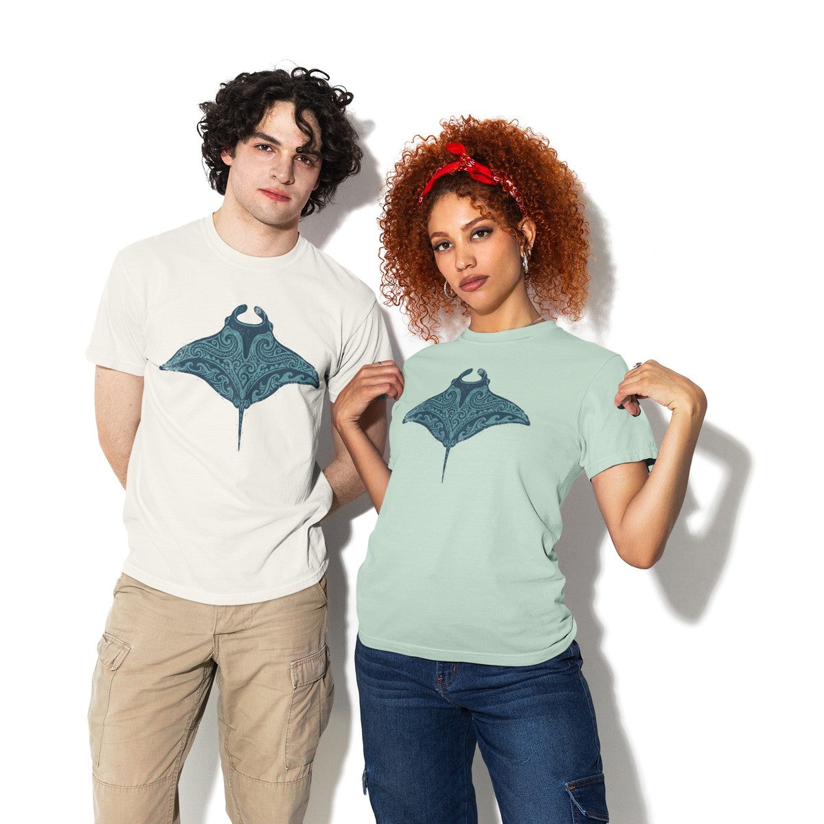 On-model lifestyle photo of the Tribal Manta Ray Polynesian Hawaiian Graphic Hawaiian T-shirt