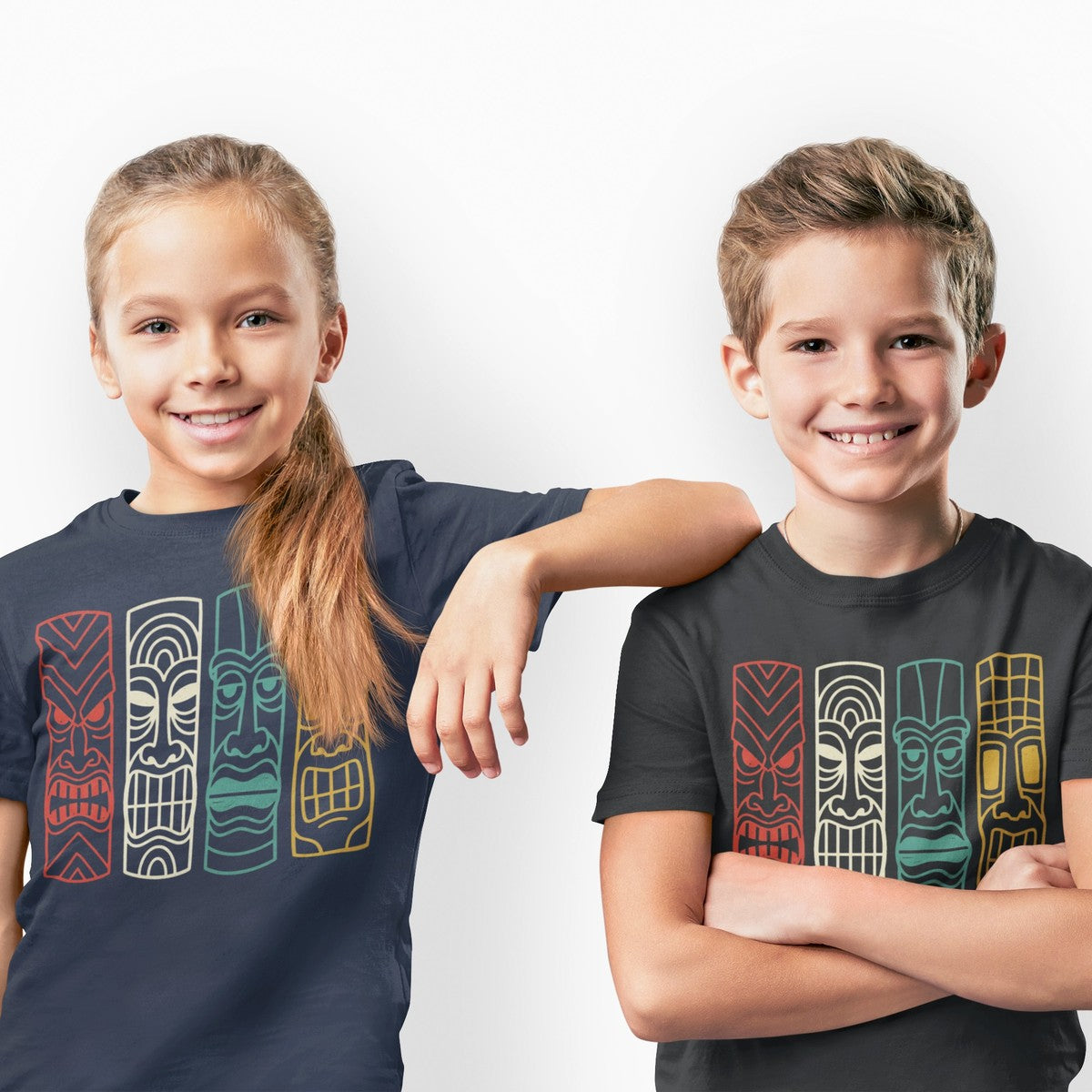 On-model lifestyle photo of the Vintage Tiki Mask Graphic Kids Hawaiian T-shirt
