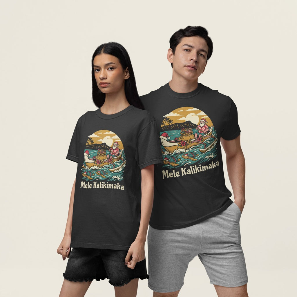 On-model lifestyle photo of the Honu Sleigh Hawaiian Christmas Hawaiian T-shirt