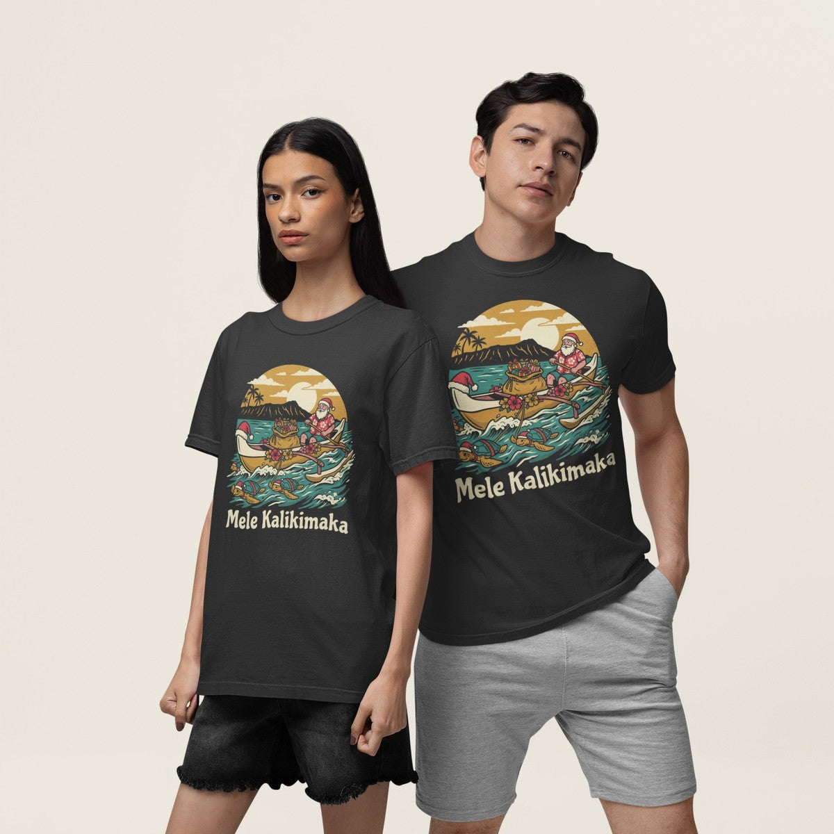 On-model lifestyle photo of the Honu Sleigh Hawaiian Christmas Hawaiian T-shirt
