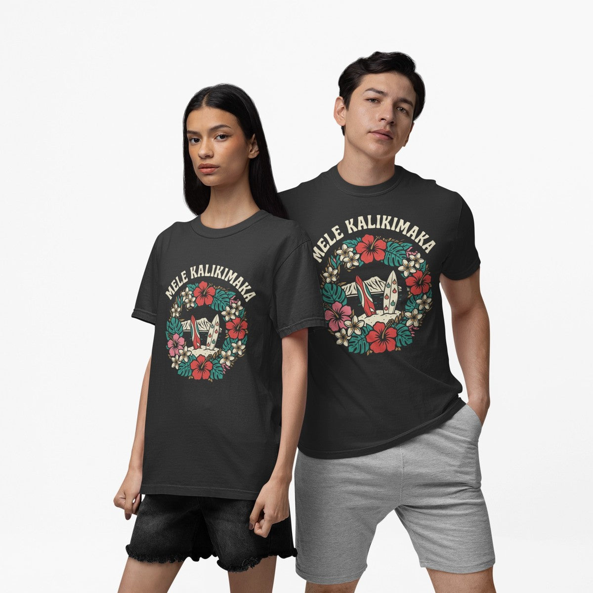 On-model lifestyle photo of the Mele Wreath Hawaiian Christmas Hawaiian T-shirt