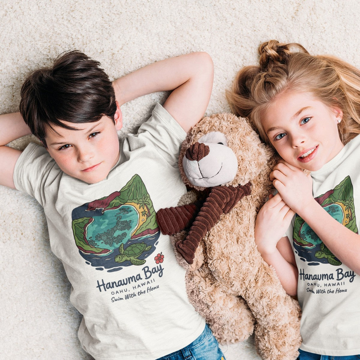 On-model lifestyle photo of the Hanauma Bay Oahu Hawaii Vintage Travel Graphic Kids Hawaiian T-shirt