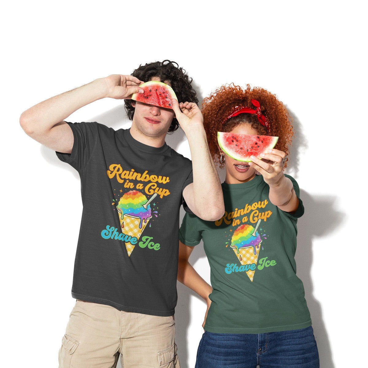 On-model lifestyle photo of the Rainbow Shave Ice Hawaii Shaved Ice Treat Hawaiian T-shirt