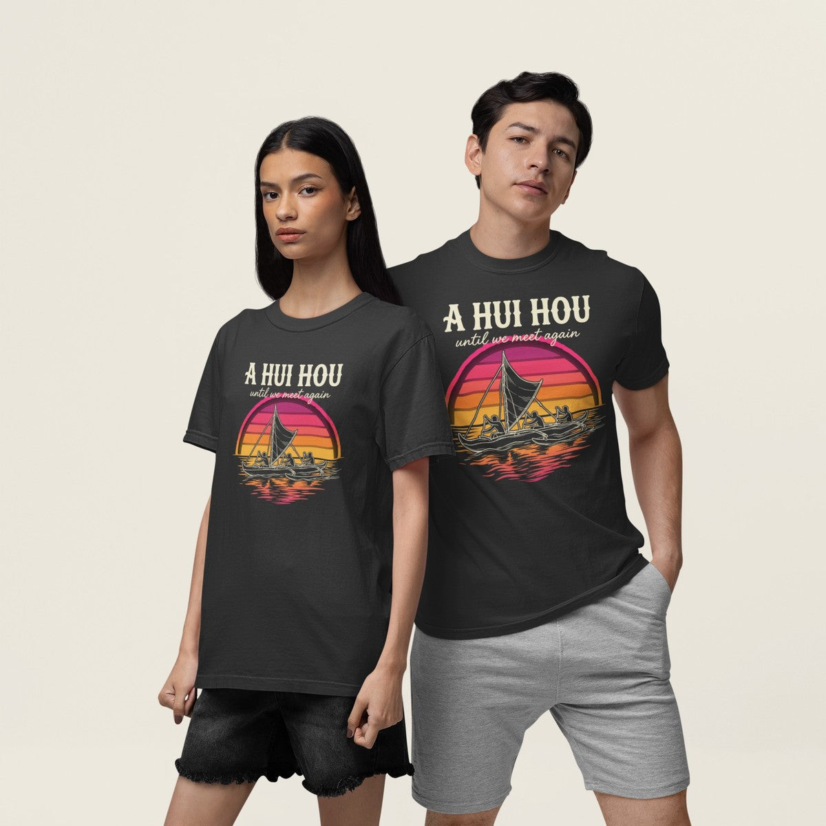 On-model lifestyle photo of the A Hui Hou Until We Meet Again Hawaii Sunset Hawaiian T-shirt