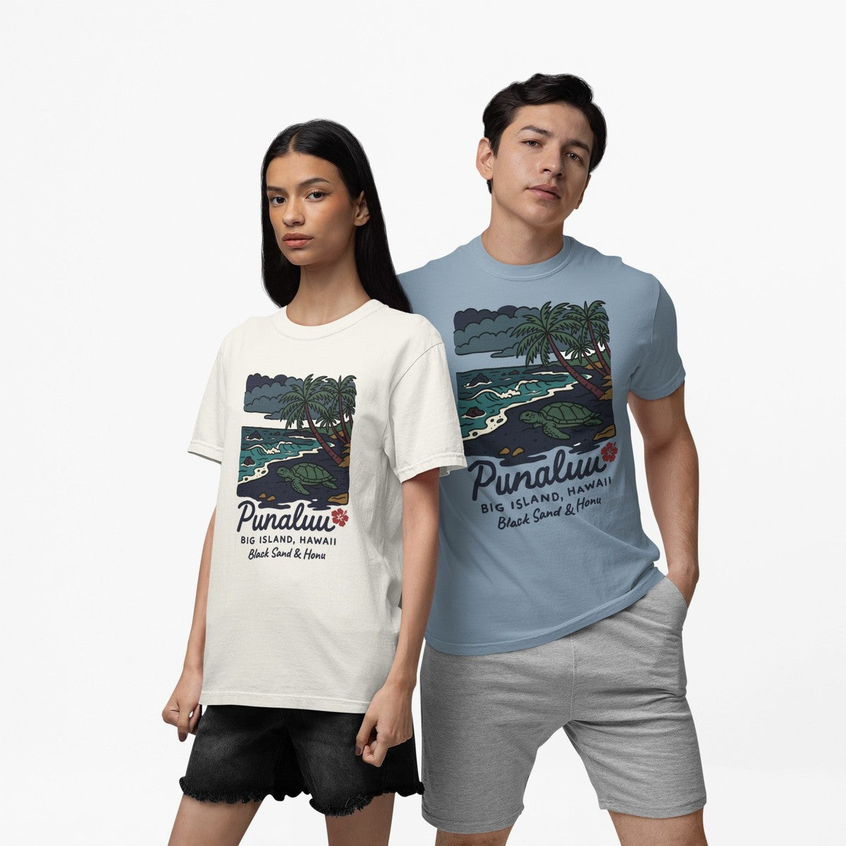 On-model lifestyle photo of the Punaluu Black Sand Beach Big Island Hawaii Vintage Travel Graphic Hawaiian T-shirt