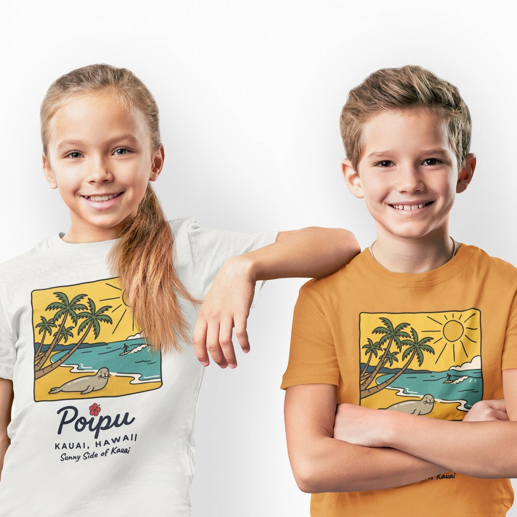 On-model lifestyle photo of the Poipu Beach Kauai Hawaii Vintage Travel Graphic Kids Hawaiian T-shirt