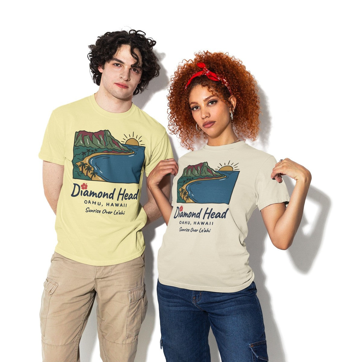 On-model lifestyle photo of the Diamond Head Oahu Hawaii Vintage Travel Graphic Hawaiian T-shirt