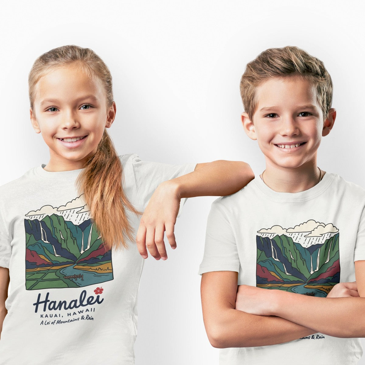 On-model lifestyle photo of the Hanalei Bay Kauai Hawaii Vintage Travel Graphic Kids Hawaiian T-shirt