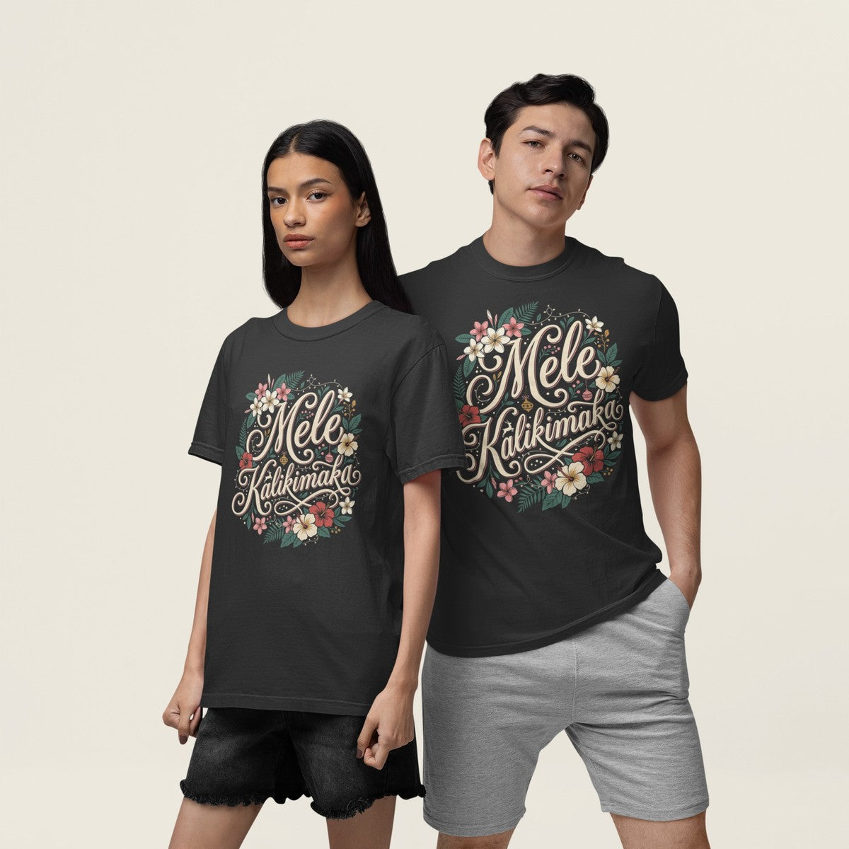 On-model lifestyle photo of the Mele Kalikimaka Script Hawaiian Christmas Hawaiian T-shirt