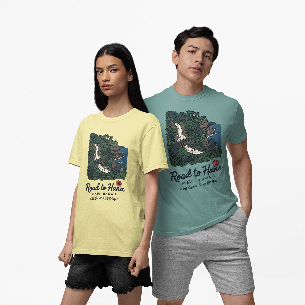 On-model lifestyle photo of the Road to Hana Maui Hawaii Vintage Travel Graphic Hawaiian T-shirt
