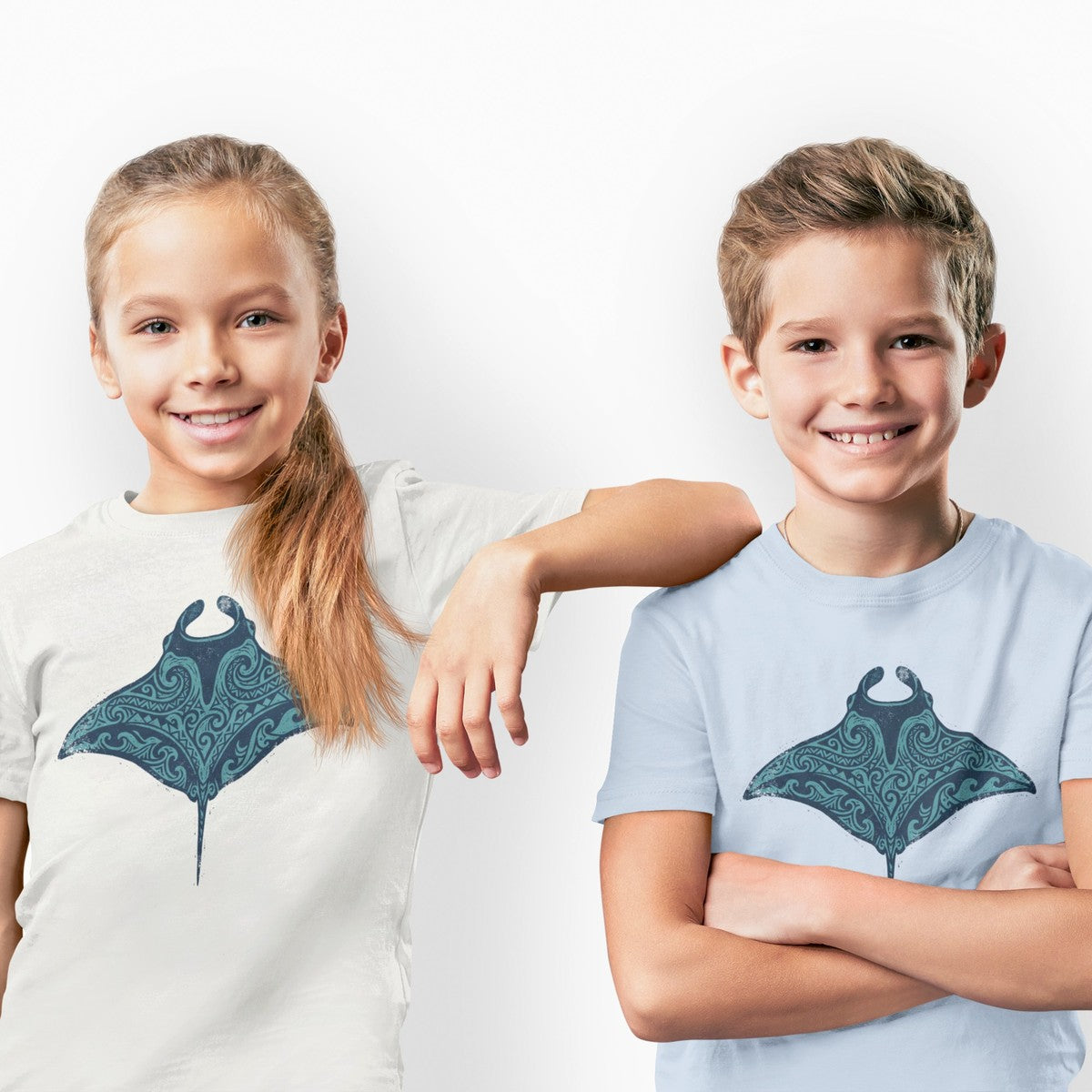 On-model lifestyle photo of the Tribal Manta Ray Polynesian Hawaiian Graphic Kids Hawaiian T-shirt
