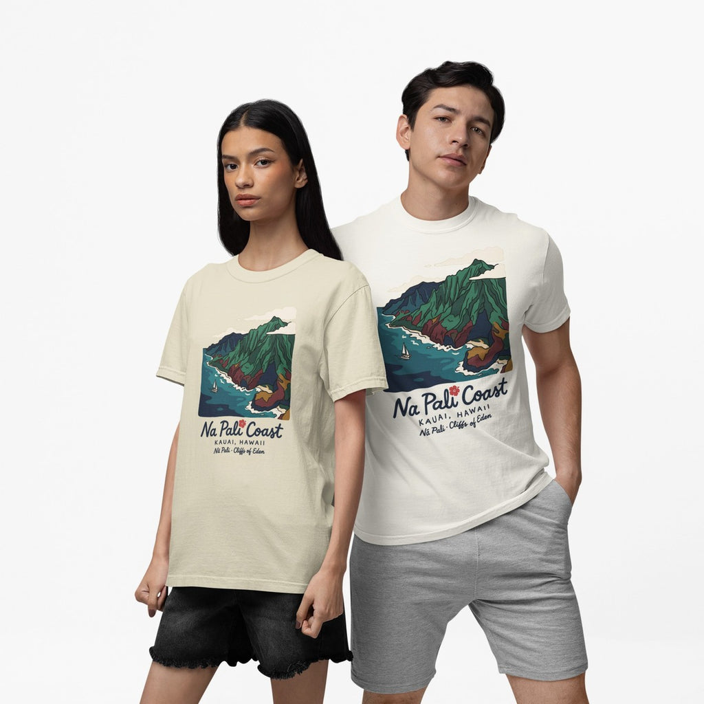On-model lifestyle photo of the Na Pali Coast Kauai Hawaii Vintage Travel Graphic Hawaiian T-shirt