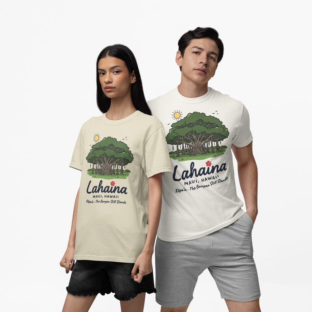 On-model lifestyle photo of the Lahaina Maui Hawaii Vintage Travel Graphic Hawaiian T-shirt