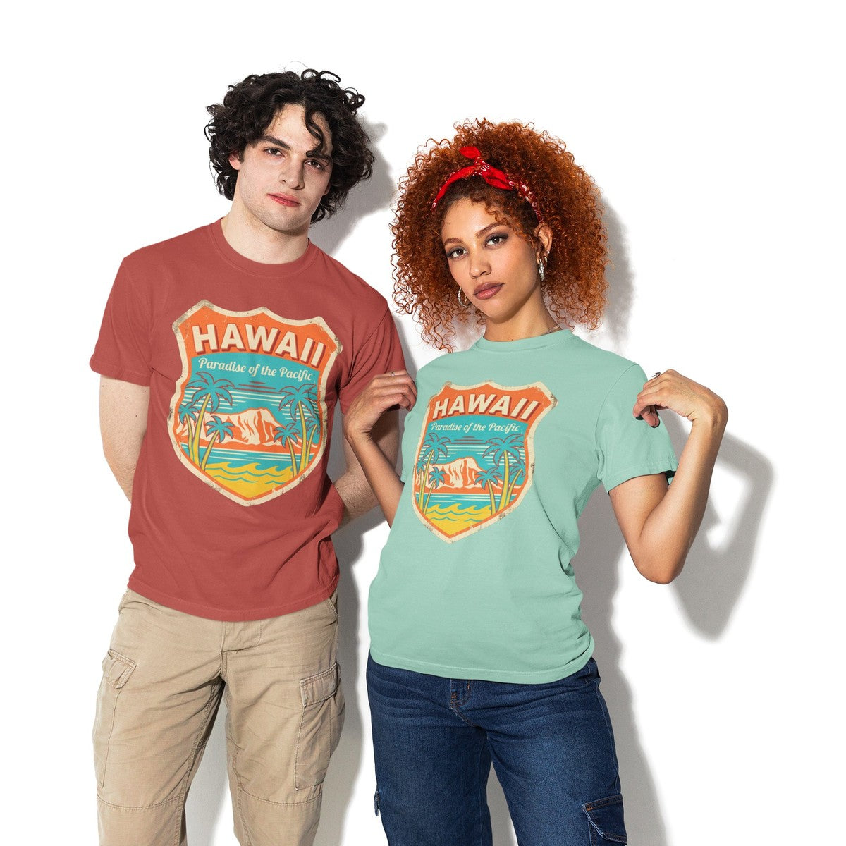 On-model lifestyle photo of the Hawaii Paradise of the Pacific Vintage Travel Hawaiian T-shirt