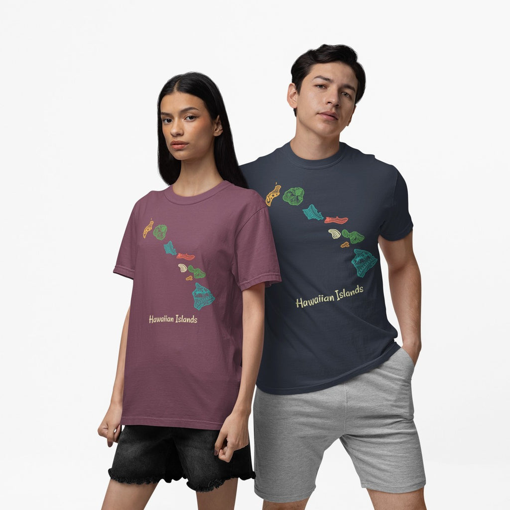 On-model lifestyle photo of the Hawaiian Islands Chain Map Minimalist Hawaiian T-shirt