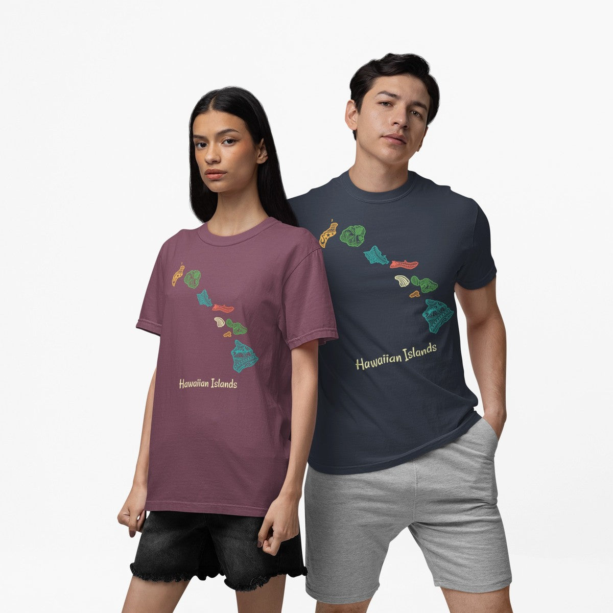 On-model lifestyle photo of the Hawaiian Islands Chain Map Minimalist Hawaiian T-shirt