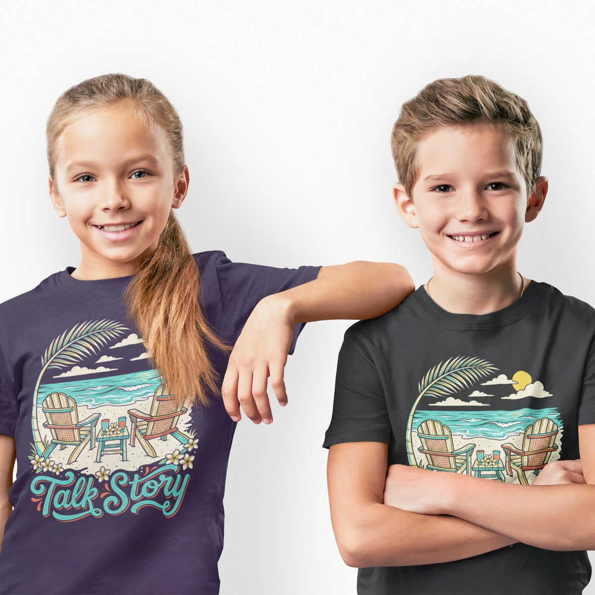 On-model lifestyle photo of the Talk Story Hawaii Beach Chairs Retro Graphic Kids Hawaiian T-shirt
