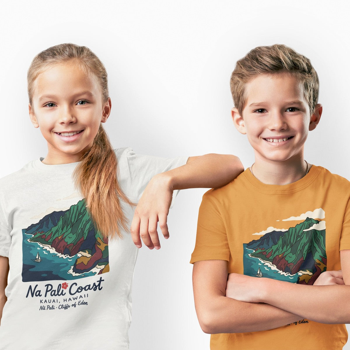 On-model lifestyle photo of the Na Pali Coast Kauai Hawaii Vintage Travel Graphic Kids Hawaiian T-shirt