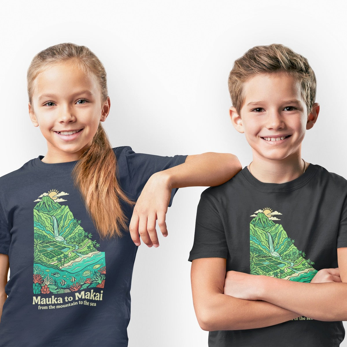 On-model lifestyle photo of the Mauka to Makai Hawaii Mountain to Sea Graphic Kids Hawaiian T-shirt