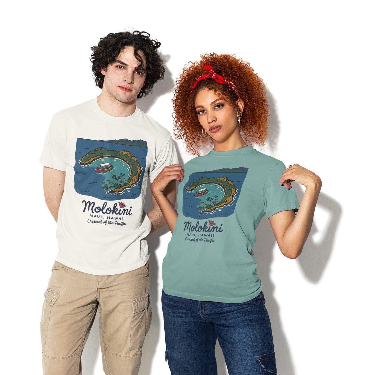 On-model lifestyle photo of the Molokini Maui Hawaii Vintage Travel Graphic Hawaiian T-shirt