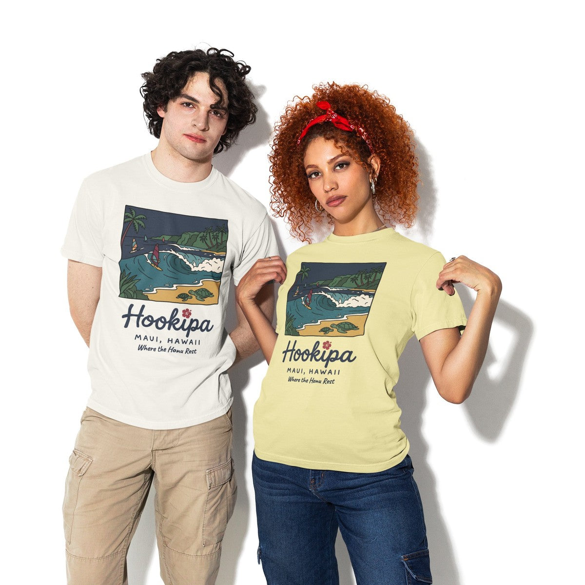 On-model lifestyle photo of the Hookipa Beach Maui Hawaii Vintage Travel Graphic Hawaiian T-shirt