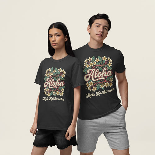 On-model lifestyle photo of the Aloha Plumeria Hawaiian Christmas Hawaiian T-shirt