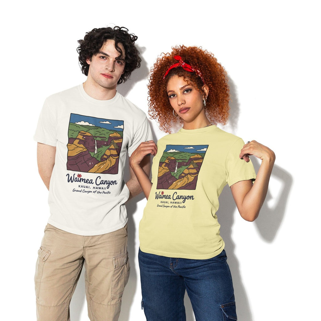On-model lifestyle photo of the Waimea Canyon Kauai Hawaii Vintage Travel Graphic Hawaiian T-shirt