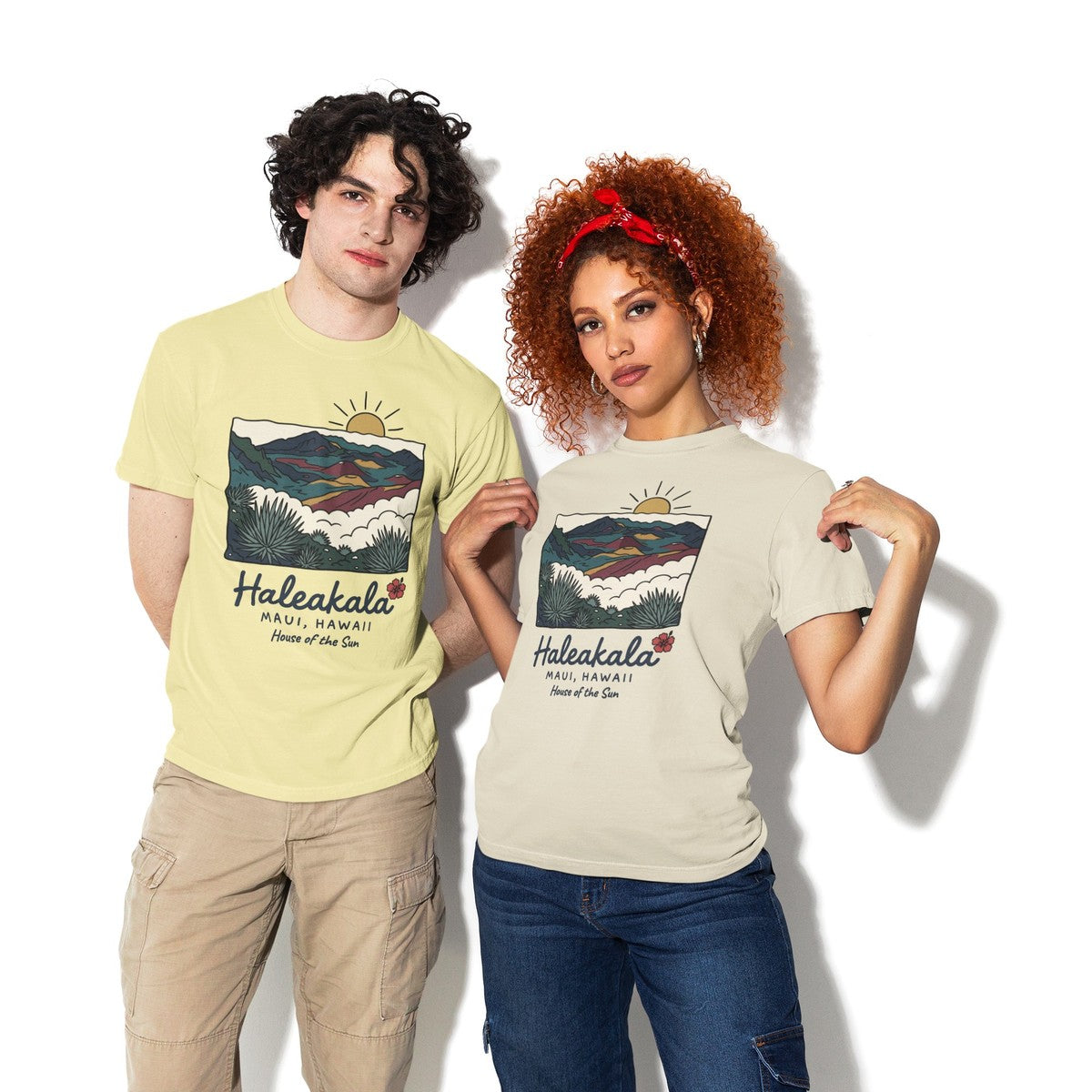 On-model lifestyle photo of the Haleakala Maui Hawaii Vintage Travel Graphic Hawaiian T-shirt