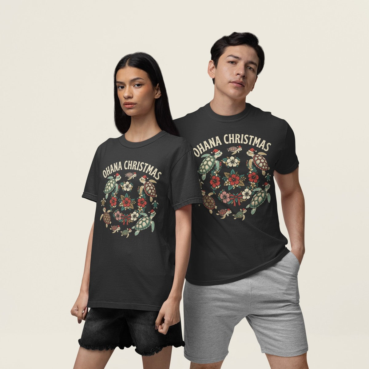 On-model lifestyle photo of the Ohana Christmas Hawaiian Christmas Hawaiian T-shirt