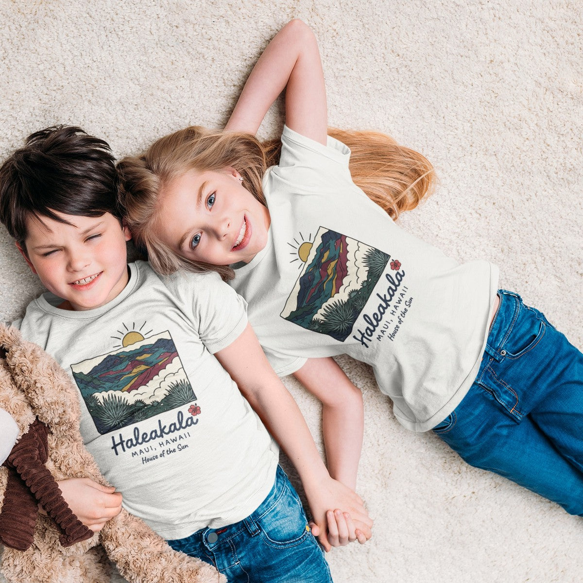 On-model lifestyle photo of the Haleakala Maui Hawaii Vintage Travel Graphic Kids Hawaiian T-shirt