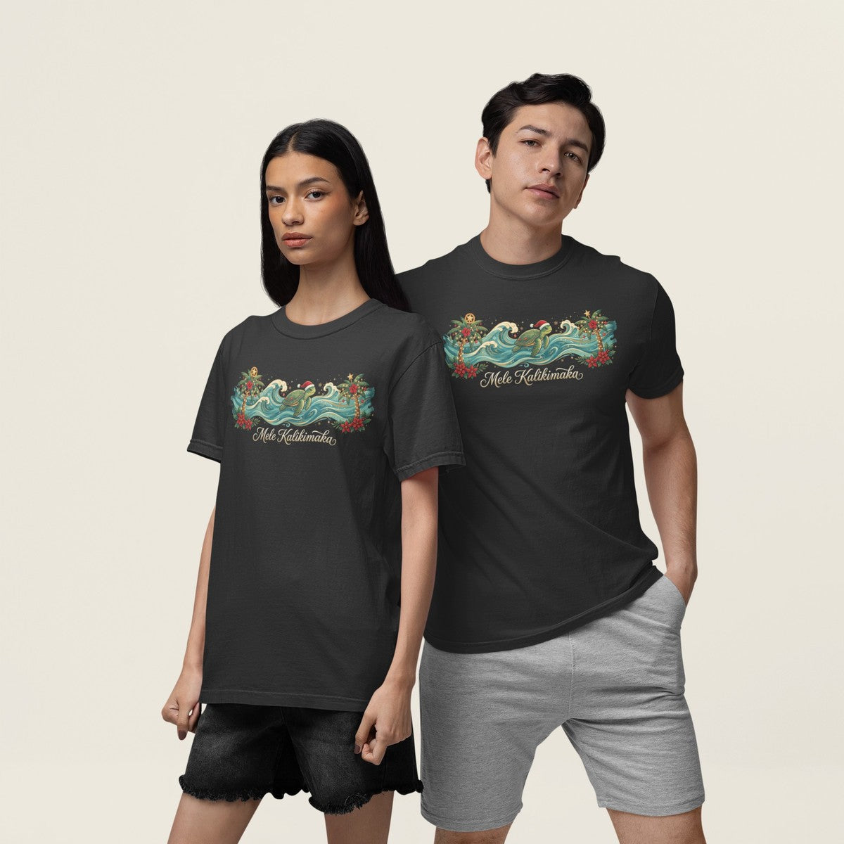 On-model lifestyle photo of the Mele Kalikimaka Hawaii Christmas Sea Turtle Wave Hawaiian T-shirt