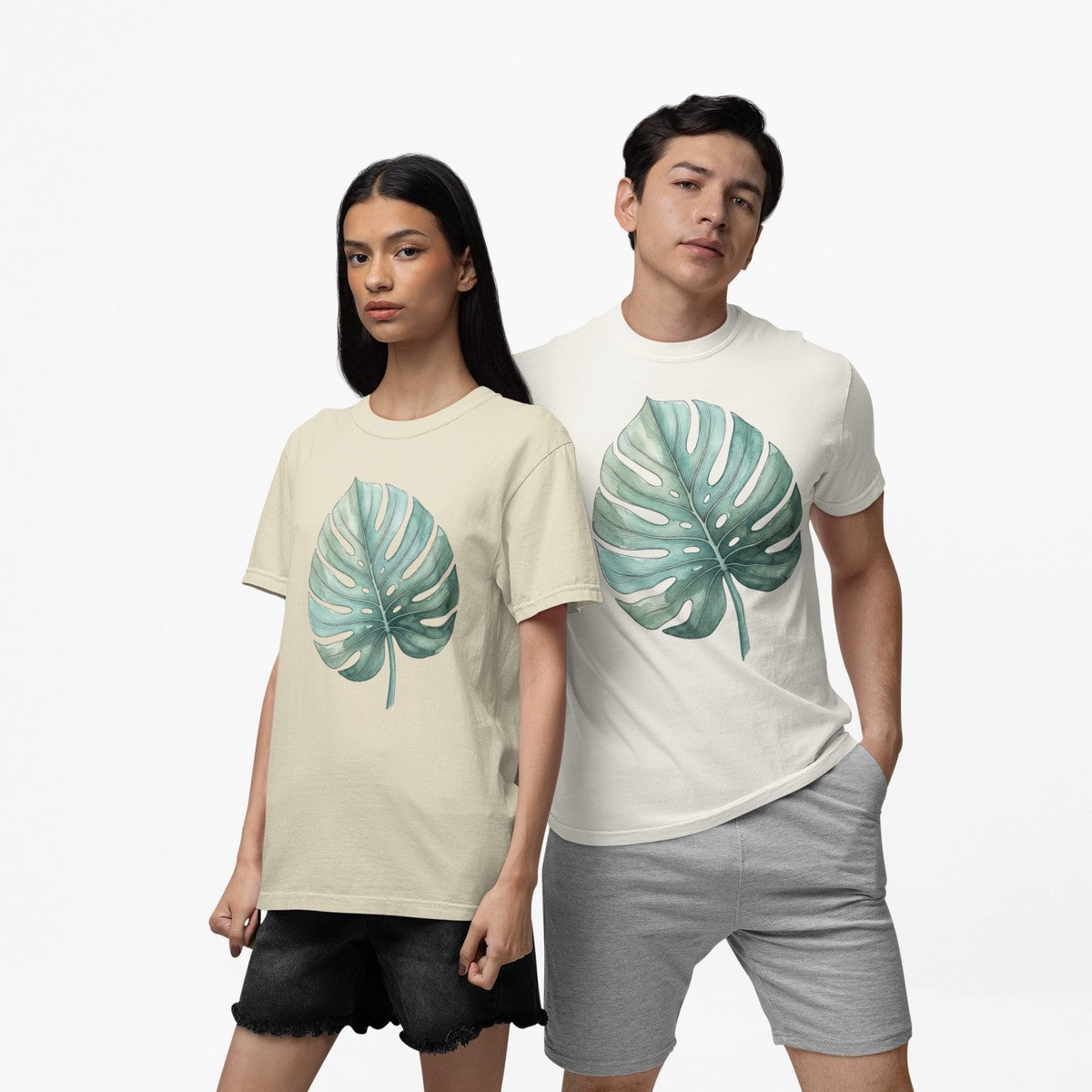 On-model lifestyle photo of the Monstera Leaf Tropical Hawaiian Botanical Hawaiian T-shirt